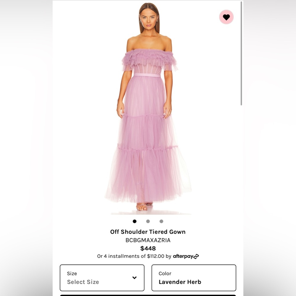 BCBG Maxazria off the shoulder tiered gown in lavender